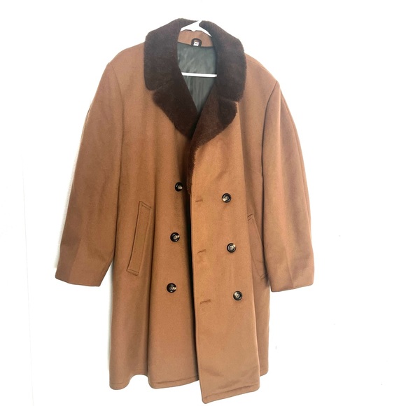 Vintage Caramel Tan Double Breasted Fur Collar Pea Coat Alpaca Fur Lined 2X - Picture 4 of 16